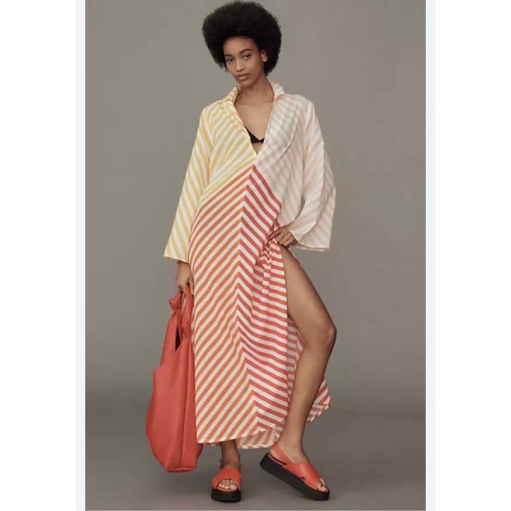 NWT Anthropologie Ollari Striped Cotton Kaftan Dress Maxi Beach Coverup One Size